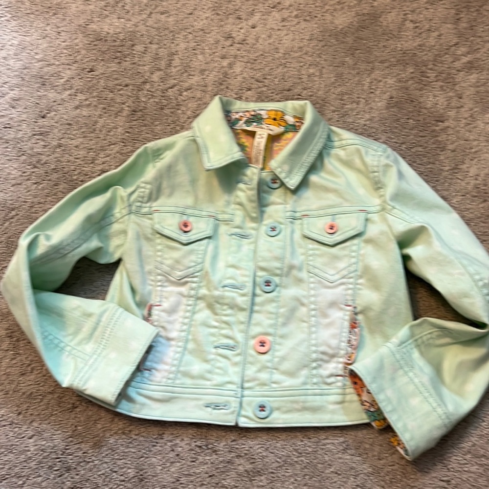 Matilda Jane Jean jacket size 6 sea foam green with white polka dots.